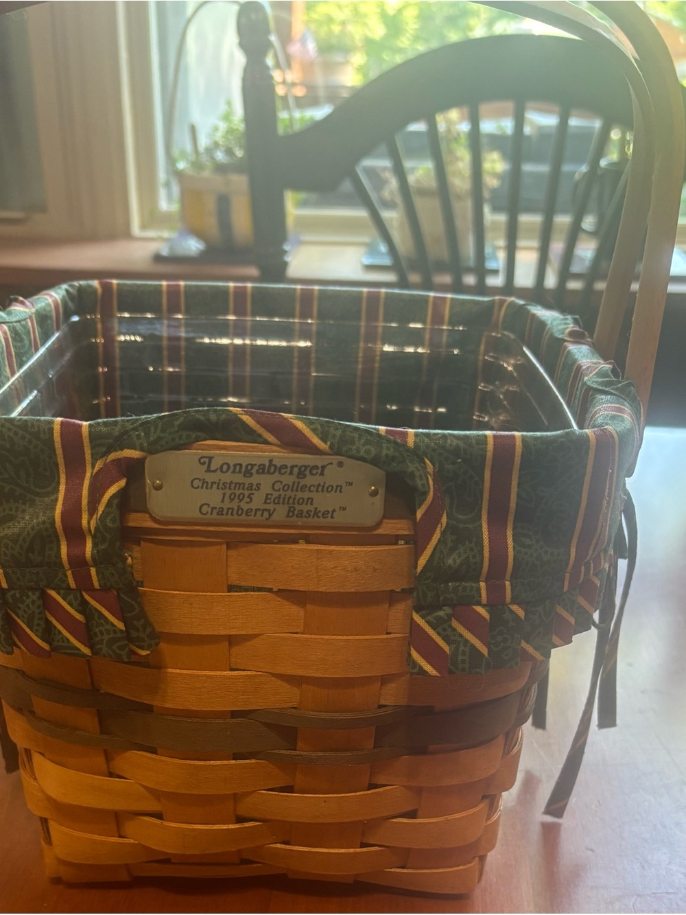 Longaberger Brown Woven Basket with Green & Red Liner